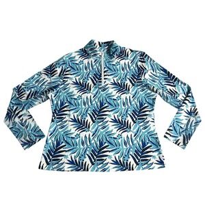 GOTTEX Women's‎ Zip Mock Long Sleeve Sun Shirt Golf Tennis Large Mesh Blue Palm
